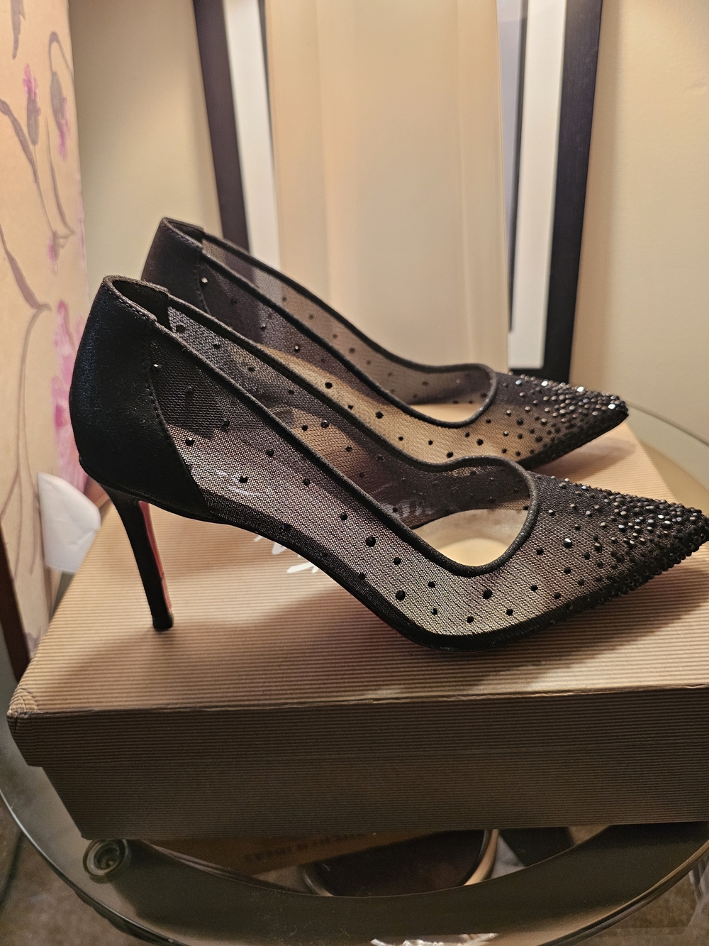 Christian Louboutin Black Sheer Mesh Pointed-Toe Crystal Pumps